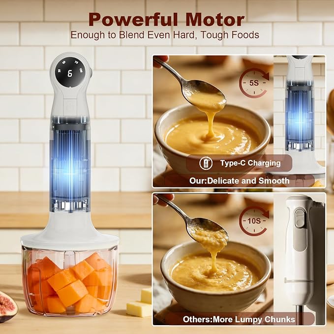 Cordless Immersion Blender Hand Blenders Set,Variable Speed 4 in 1 Stick Emulsifier with Chopper and Whisk for Soup, Baby Food and Smoothies (White)