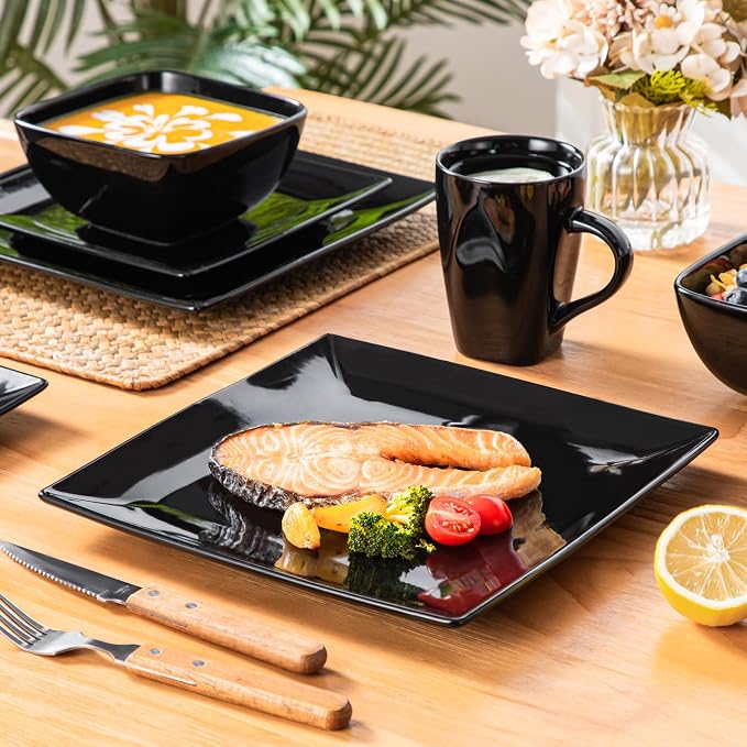 vancasso Soho Dinnerware Sets 24 Pieces, Black Stoneware Square Place Setting, Dinner Plate, Cups and Plates Sets for Kitchen, Dish Set for 6