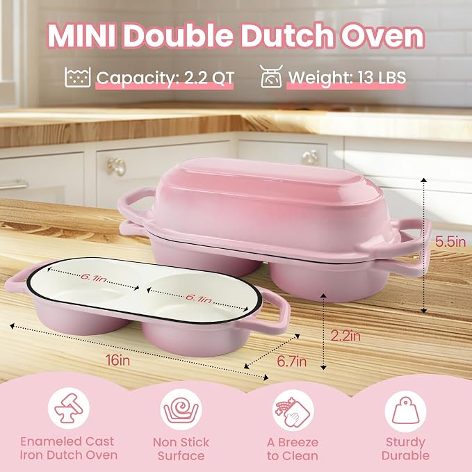 YONILL Mini Double Dutch Oven with Lid for Sourdough Bread Baking (Pink) | Enameled Cast Iron Pot with Lid, 5" Banneton Bread Proofing Basket Include, Dual Round Bread Loaf Pan for Homemade Baking