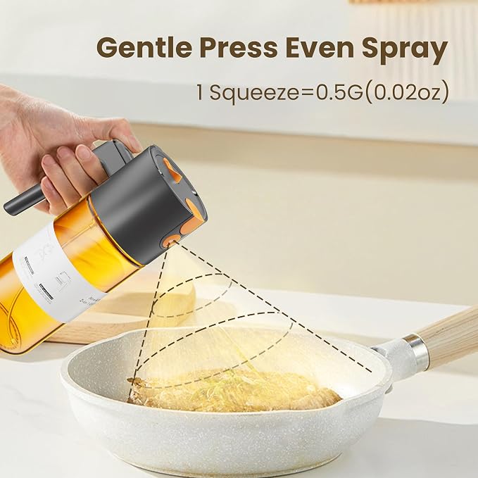 Olive Oil Sprayer & Dispenser Bottle for Cooking 17oz Dark Glass Oil Mister | 2-in-1 Sprayer & Pourer, Fine mist, Leakproof, Light-Blocking, Wide Mouth for Easy Refill & Clean, 8 Oil Labels, Reusable
