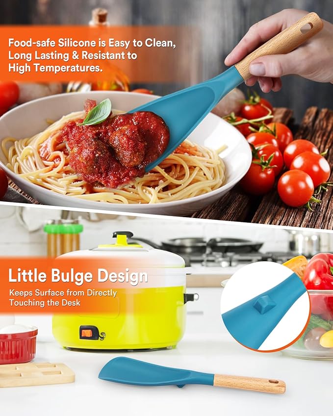 Cooking Spoon and Rice Scooper for Nonstick Cookware,Multi-function | Great for Cooking and Serving, Sturdy BPA-Free Matte Silicone, Wood Handle Spoon for Mixing, Scoop, and Scrape,9.3"+14.3"