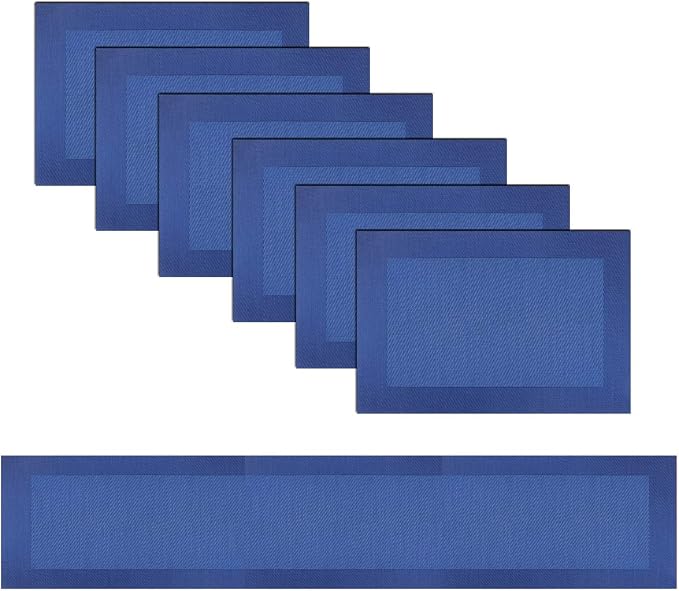Vinyl Placemats Set of 6 Vinyl Heat-Resistant Table Mats with Matching a Same-Style 72 inches Table Runner (7pcs,Blue)