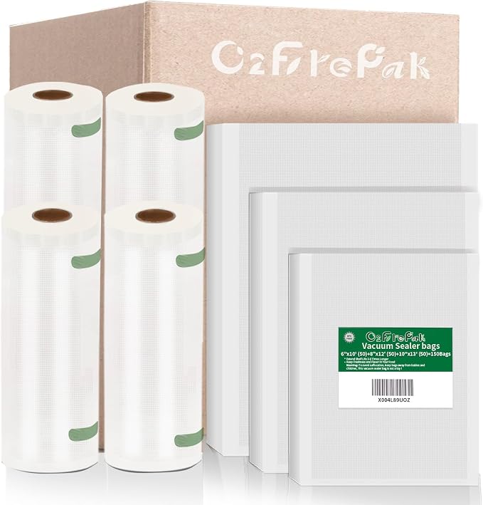 O2frepak 150ct 4pk Mixed Food Vacuum Sealer Bags Rolls BPA Free Sous Vide | 50x6''x10'',50x8''x12'',50x10''x13'' and 11''x20'(2),8''x20'(2) PreCut Food Grade,Great for Sous Vide Vacuum Sealer