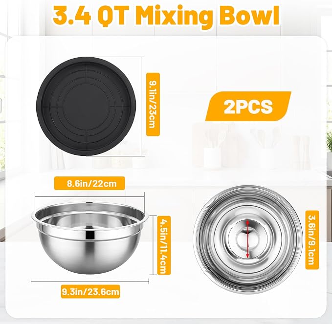 Beasea Stainless Steel Mixing Bowls, 2 Pack 3.4 QT Metal Nesting Mixing Bowls with Black Lids, Stackable Baking Bowl with Lid for Kitchen, Prepping, Serving, Cooking