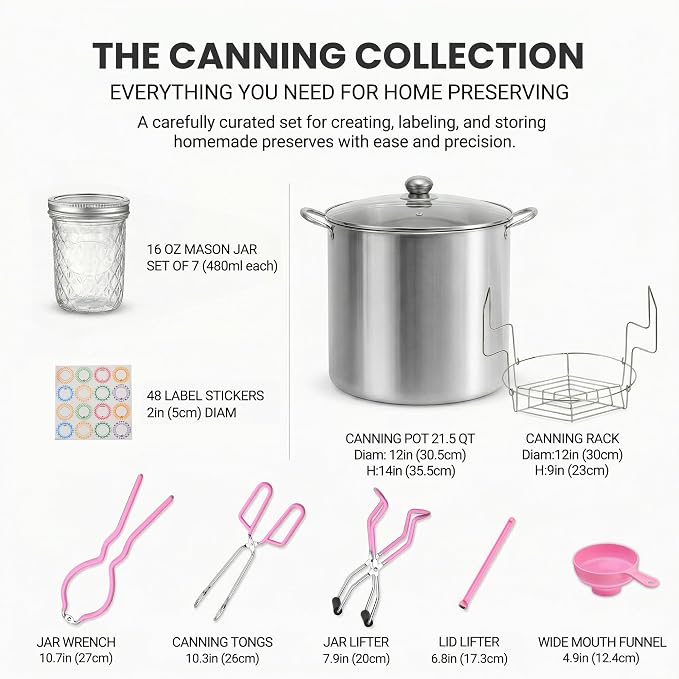 Canning Pot Water Bath Canner with Rack and Lid, 21.5QT Stainless Steel Stock Pot, Canning Supplies Starter Kit with Mason Jars, Tongs, Full Canning Accessories & Canning Tools Set for Beginners