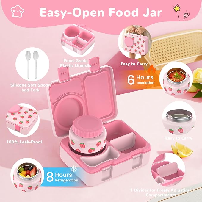Bento Lunch Box for Kids Adult, Leakproof 3-4 Compartment Bento Box Set with Insulated Food Jar,Water Bottle, Lunch Bag, School Lunch Container for Toddler Teen Girls Boys Ages 3+(Strawberry)