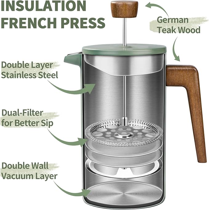 French Press Coffee Maker, 34oz Stainless Steel Green Coffee Press Real Wood Handle, Double Wall Insulated French Coffee Press with Dual-Filter Screen, Perfect for Camping & Kitchen Use