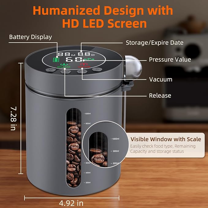 Automatic Vacuum Coffee Canister, 1.3L Airtight Food Storage Container | with Smart Pressure Sensor, Electric Coffee Bean Container Rechargeable with LED Display Window for Home Kitchen Food Storage