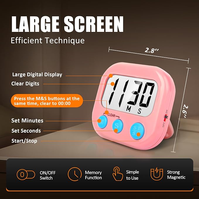 2 Pack Kitchen Timers Loud Ring Digital Timers for Cooking Magnetic Pink