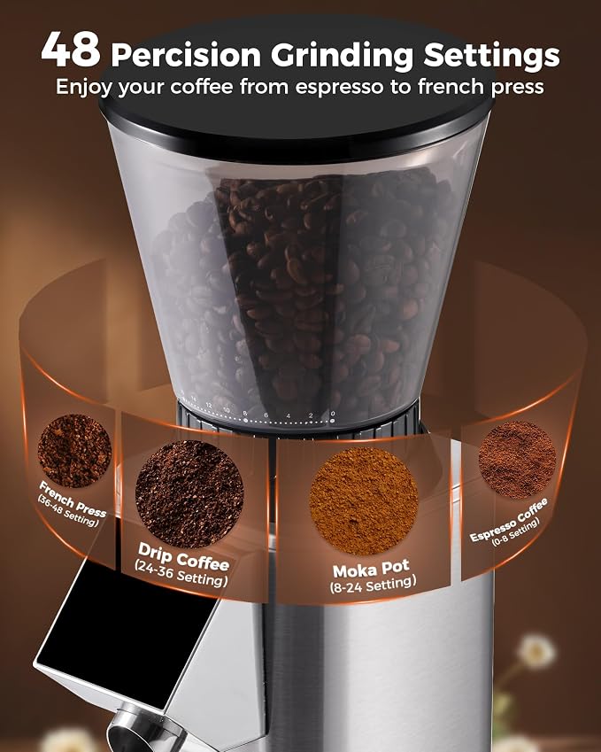 Tuni G1 Conical Burr Coffee Grinder with 48 Grind Settings, Silver | Anti-static Burr Espresso Mill, Electronic Timer and LED Touchscreen for Drip/Cold Brew/French Press, Stainless Steel