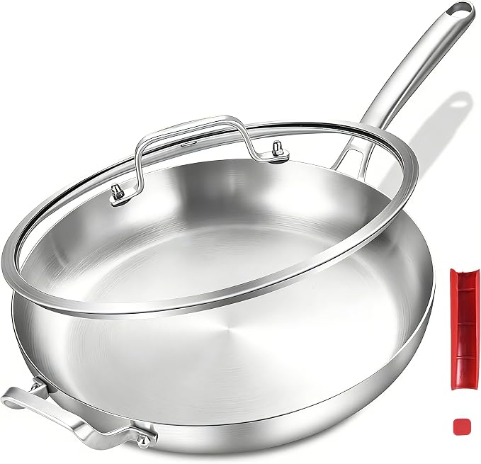 Inqibee 13 Inch Stainless Steel Frying Pan with Lid, Detachable Handle | Tri-Ply Stainless Steel Skillet, Fast & Even Heating, Stay-Cool Removable Silicone Handle, Induction Ready, Dishwasher Safe