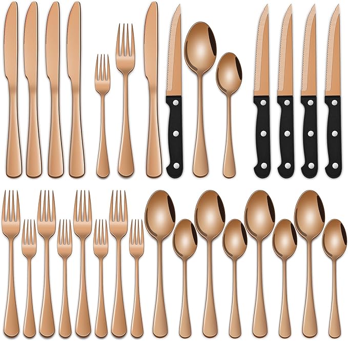 Rose Gold 24 PCS Flatware Sets With Steak Knives Service For 4 Person,Copper Eating Untensils Set For Kitchen,Silverware Set Includes Knife Spoon And Fork Set