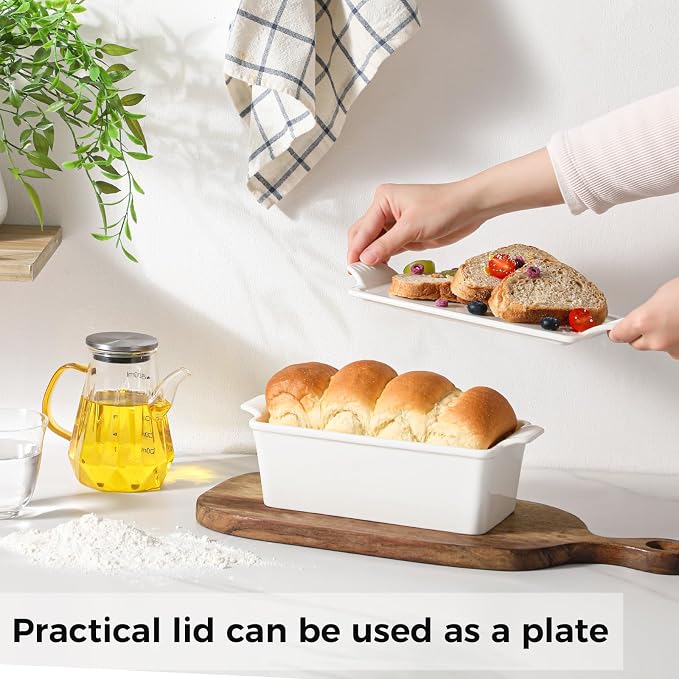 Ceramic Loaf Pan with Lid - 1.58 Qt Deep Bread Pan (10.94" x 5.23"), 2-in-1 Baking Dish for Homemade Bread Banana Bread Meatloaf, Oven Safe to 500°F, Dishwasher Freezer Safe, White
