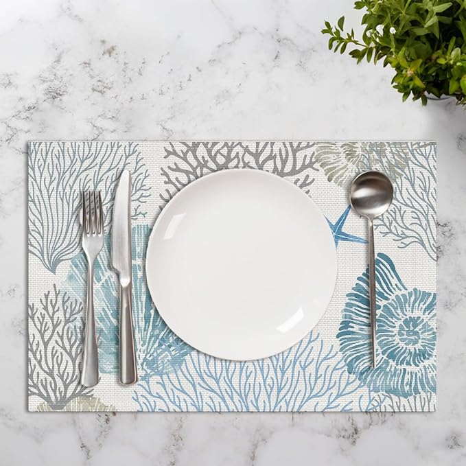 Nautical Plaacemats Set of 4, Starfish Beach Theme Ocean for Party Decor | Seashell Washable Non-Slip Heat Resistant 12X18 Inch Coastal Summer Place Mats Decorative Linen Fabric Table Mats