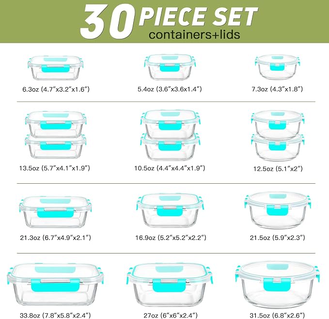 BAYZZ 30 Piece Glass Food Storage Containers Set, Glass Meal Prep Containers with Lids, Airtight Lunch Box, BPA-Free, Microwave, Freezer & Dishwasher Safe,Green