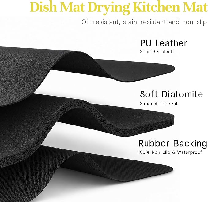 Compact Stainless Steel Dish Drainer & Dish Mat Set, Black | Rust-proof stainless steel dish rack with quick-drying, easy-to-clean mat. Fits kitchen counter, apartment or RV.