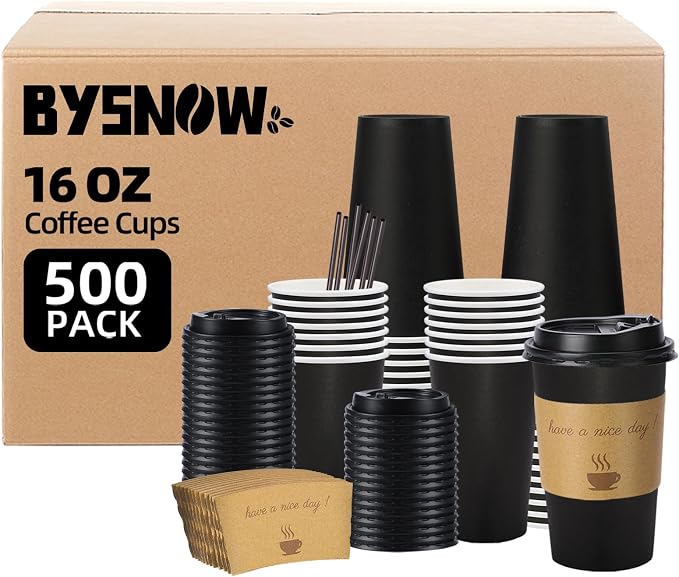 BYSNOW 500 pack 16 oz Bulk Disposable Paper Coffee Cups with Lids Hot Cups | To Go Insulated Hot Cups, Coffee Cups for Home, Office, Cafes and Party (Black 16oz)