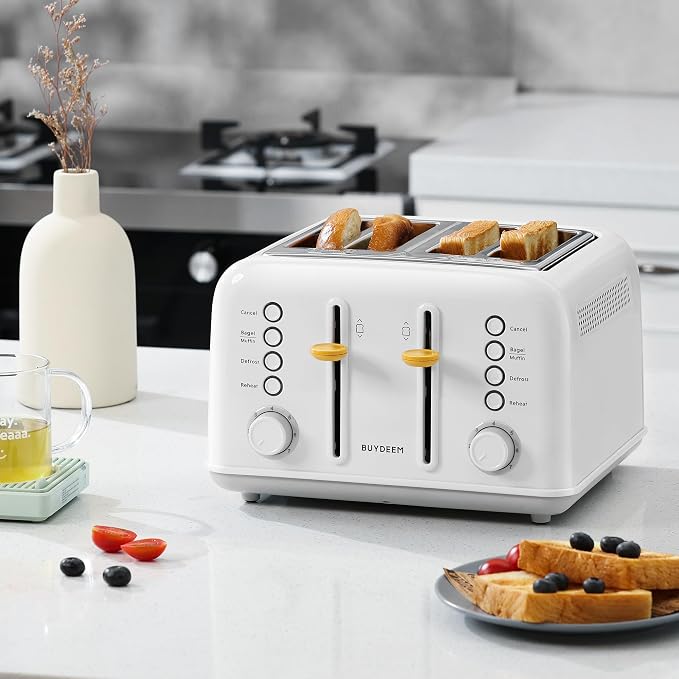 BUYDEEM DT640 4-Slice Toaster, 7 Shade Settings, Extra Wide 1.5’’ Slots for Bagel & English Muffin, 6 Toasting Functions, Retro Stainless Steel Toaster with High Lift Lever, 1800W, Arctic White