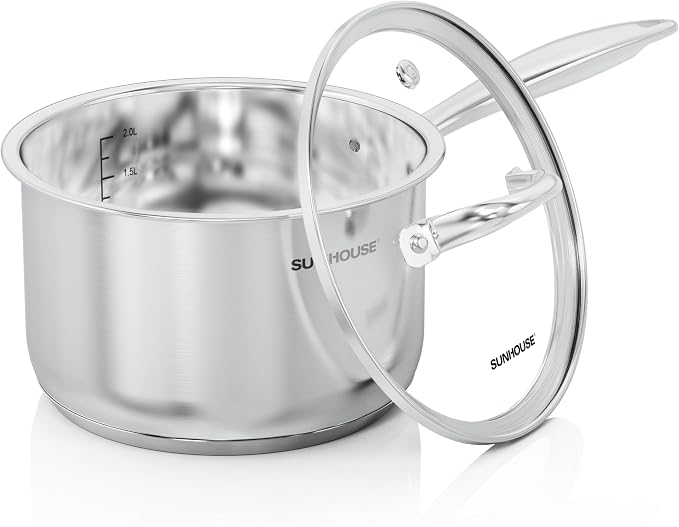 SUNHOUSE 3 QT Stainless Steel Saucepan with Lid, 3-Ply Small Sauce Pot | 18/10 Stainless Steel Pot For Cooking - Induction Compatible Milk Pan - PFOA Free, Oven & Dishwasher Safe Sauce Pan