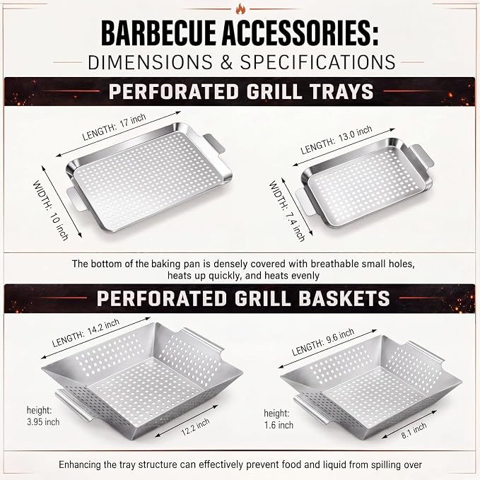4 Pack Grilling Accessories Outdoor Grill Topper Vegetables Grill Baskets for BBQ, Grilling Pans Trays Griller Baskets with Holes and Handles, Carbon Steel