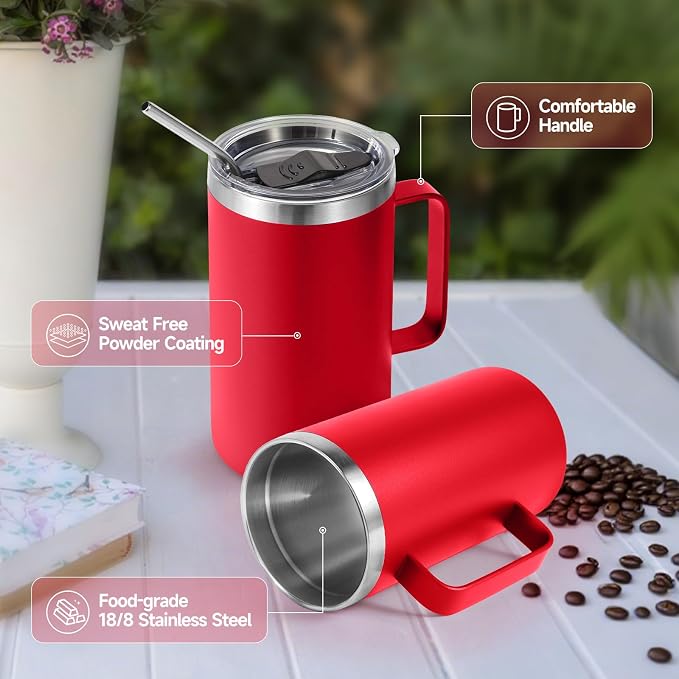 Volhoply 22oz Insulated Stainless Steel Coffee Mugs with Leakproof Lid Bulk 2 Pack,Double Wall Vacuum Travel Coffee Cup with Handle,Reusable Metal Tumbler,Camping Mug Keep Hot&Cold(Red,2)
