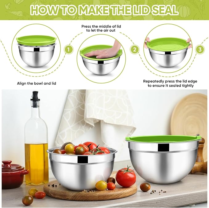 TeamFar Mixing Bowls Set of 5, Stainless Steel Metal Salad Bowls with Lids | 4.5/3/1.5/1/0.7 QT, Nesting Bowls for Mixing Prepping Serving, Non-Toxic & Sturdy, Airtight Lid & Easy Clean, Multi-Color