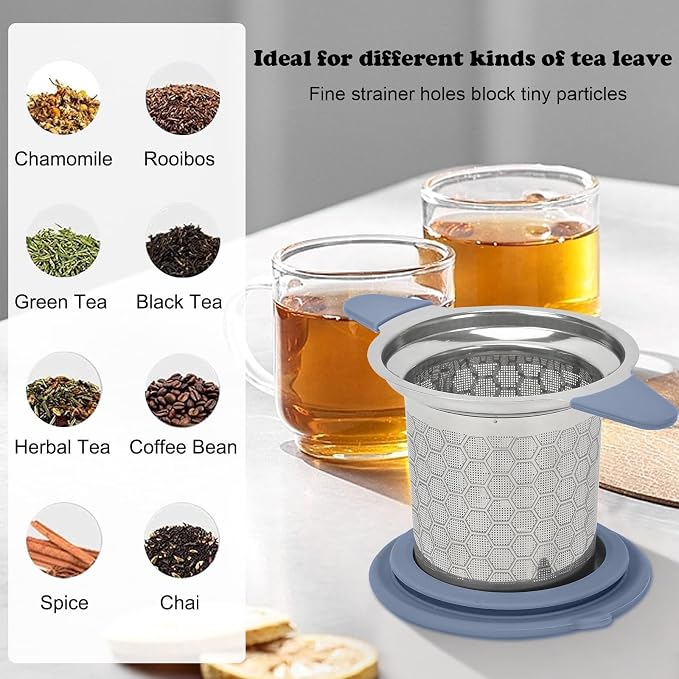 Tea Infuser for Loose Leaf Tea, 304 Stainless Steel Strainer Basket Silver | Fine Mesh Steeper, Heat Resistant, Silicone Handle, Lid Included, Large Capacity, Mug Filter, Fits Standard Cups