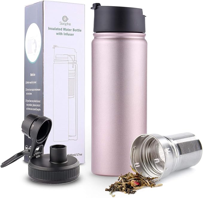 Sivaphe Infuser Travel Mug with Removable loose leaf Tea Strainer Tea Filter Water Bottle 18/8 Stainless Steel Insulated Tumbler for Women Rosegold