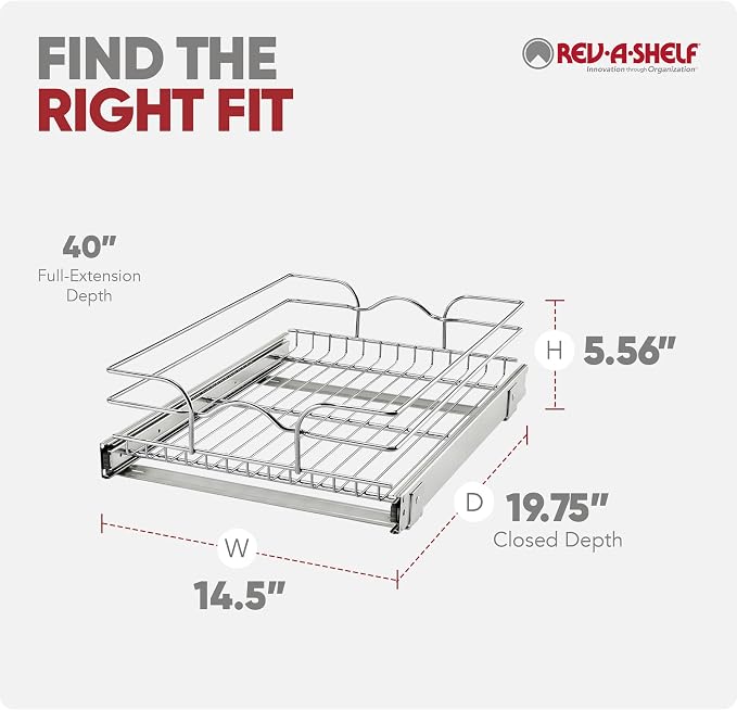 Rev-A-Shelf Steel Wire Pullout Drawer Organizer Shelf for Kitchen Cabinets, Slide Out Storage Basket, Min Opening Width of 14.5", 15" x 20", 5WB1-1520CR-1