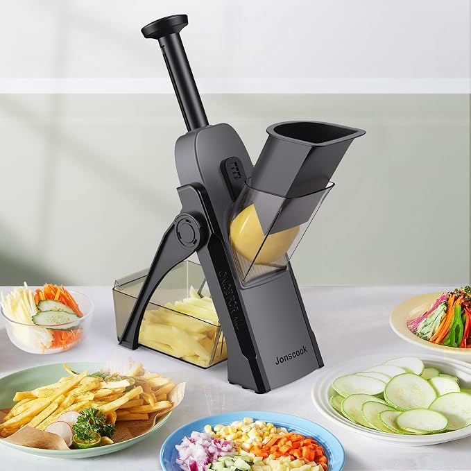 Safe Mandoline Slicer for Kitchen, 5 in 1 Multi Food Chopper, Potato Slicer | Adjustable Thickness 0.1-8 mm, Vegetable Chopper Cutter, Food Chopper French Fry Cutte, Paring Knife/Cleaning Brush, Mandolin