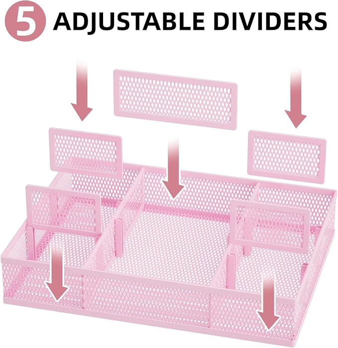 Marbrasse 2 Pack Desk Drawer Organizer, Mesh Drawer Organizer Tray with 8 Adjustable Compartments, Desk Organizers and Accessories, 5 Dividers Drawer for Office Supplies, Makeup & Vanity (Pink)