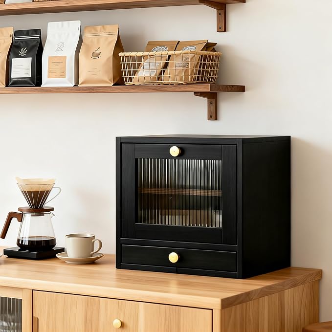Garvee Bread Box for Kitchen Countertop with Drawer, 2-Tier Large Wooden Bread Storage Bin with Cutlery Organizer, Farmhouse Bread Keeper for Homemade Bread with Acrylic Window, Black