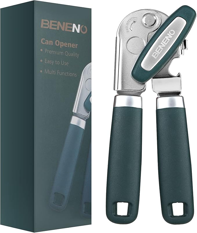 Beneno Heavy Duty Hand Can Opener Manual with Magnet Lid Remover, Green | Razor-Sharp Carbon Steel Blade, Precise Smooth Cutting Gear, Big Effort-Saving Knob, Soft Grip Handle, Built-in Bottle Opener