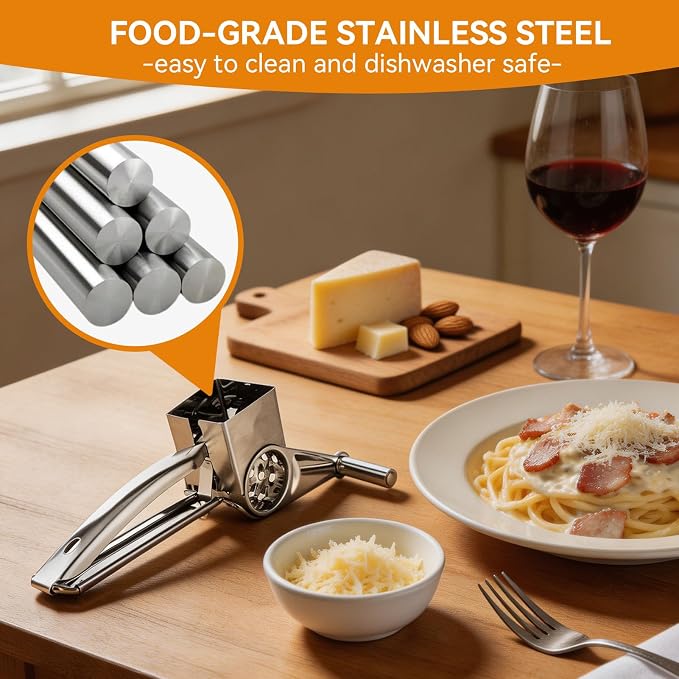 Stainless Steel Single Drum Rotary Cheese Grater, Multipurpose Rotary Cheese Grater with 3 Different Rotatable Drums for Parmesan, Mozzerella, Vegetables and More