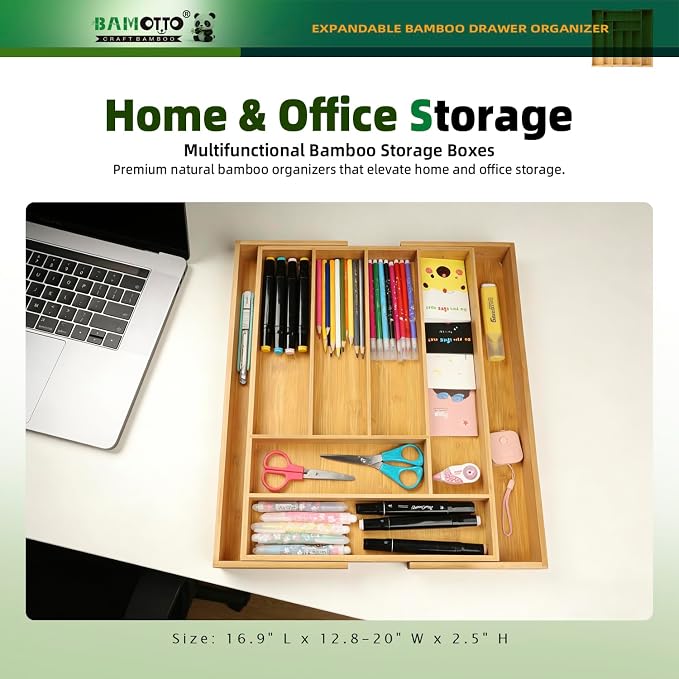 BAMOTTO CRAFTBAMBOO Expandable Bamboo Drawer Organizer for Kitchen, 8 Slot | Silverware & Cutlery Tray | Utensil Holder | 12.8"–20" Adjustable | Office & Bathroom | Flatware Organizer