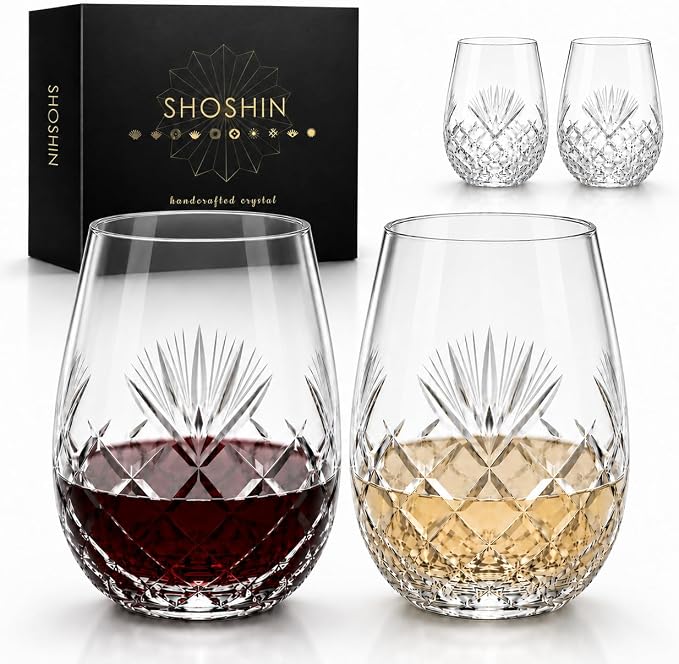 SHOSHIN - Hand Cut Stemless Wine Glass Set of 4, Large 18 oz Crystal Wine Glass, Wine Tumblers for Red and White Wine, Water Glasses, Drinking Glasses