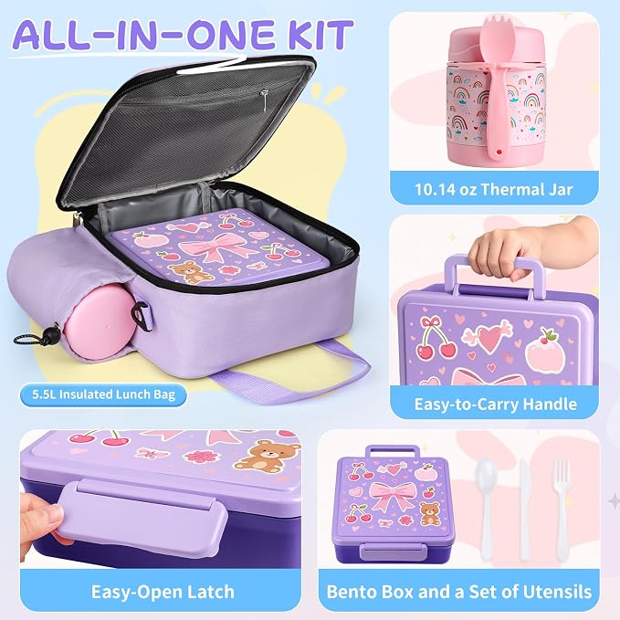 REDSHELL Kids Bento Lunch Box Set, Insulated Lunch Bag for Girls, Purple | Toddler 5-Compartment Lunchbox, Leakproof Food Jar, Snack Container, School Daycare, Bottle Holder, Adjustable Shoulder Strap