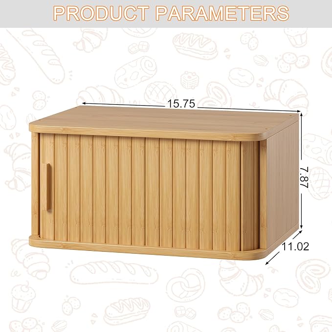 WOWLIVE Roll Top Bread Box for Kitchen Countertop, Bamboo Bread Storage | Airtight Bread Containers, Large Bread Bin with Sliding Door for Loaves, Bagels, Countertop Storage Cabinet, Natural, Medium
