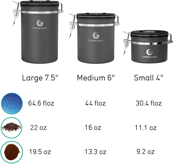 Coffee Gator Coffee Canister, 16oz Airtight Containers & Travel Jar | w/ Date Tracker, Scoop, Valve Kitchen Food Storage Jars for Beans, Ground, Rice, Tea, Sugar, Cookie, Bar Accessories, Gray