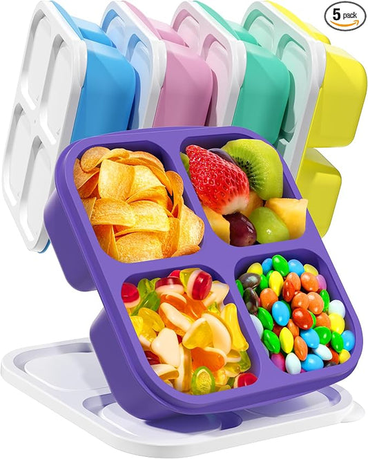 Canfanni 5 Pack Bento Snack Containers, 4 Compartment BPA-free Plastic Food Storage Containers, Divided Lunchable Container, Bento Lunch Box for Work and Travel