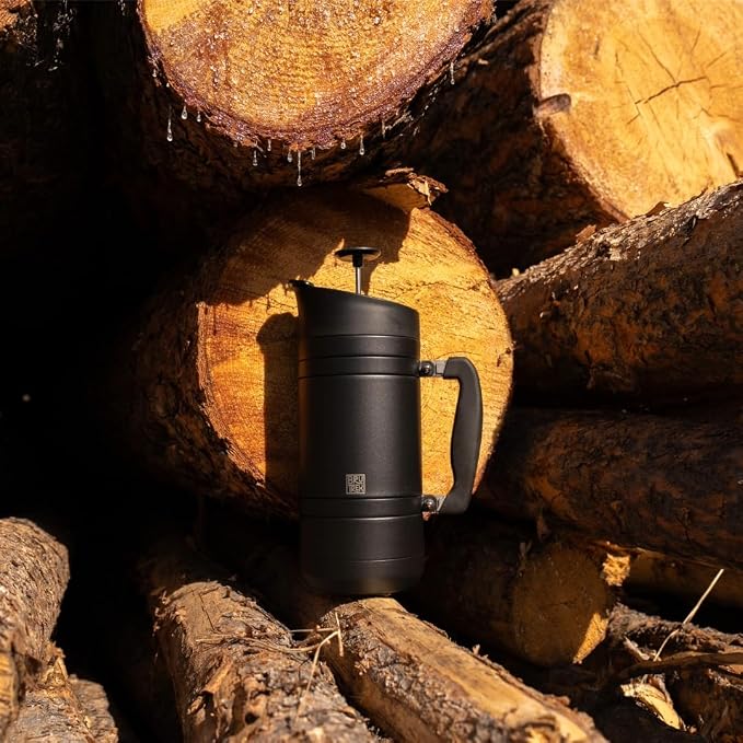 BruTrek by Planetary Design | BaseCamp French Press | 48 fl.oz - Obsidian | Double Wall Insulated Stainless Steel - Bru-Stop Technology, No Grounds in Coffee, No Spill Lid (Obsidian, 48 fl.oz)