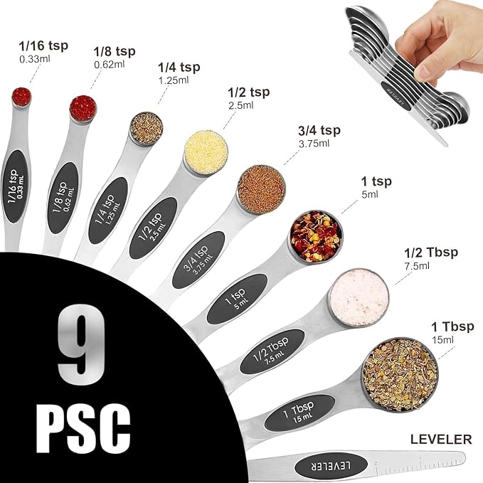 Magnetic Measuring Spoons Set of 9 Stainless Steel Stackable Dual Sided Nesting Teaspoons and Tablespoons for Measuring Dry and Liquid Ingredients