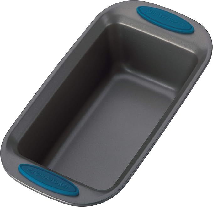 Rachael Ray Yum-o! Bakeware Oven Lovin' Nonstick Loaf Pan, 9-Inch by 5-Inch Steel Pan, Gray with Marine Blue Handles