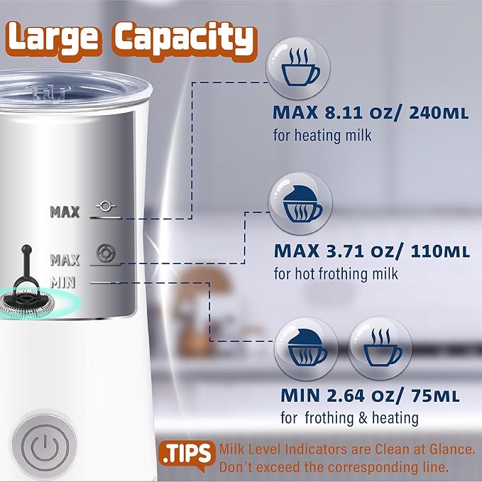 Simple Milk Frother, 2 in 1 Milk Steamer and Frother, Electric Milk Steamer, Milk Warmer and Hot Milk Foam Maker for Latter, Macchiato, Cappuccinos (White)