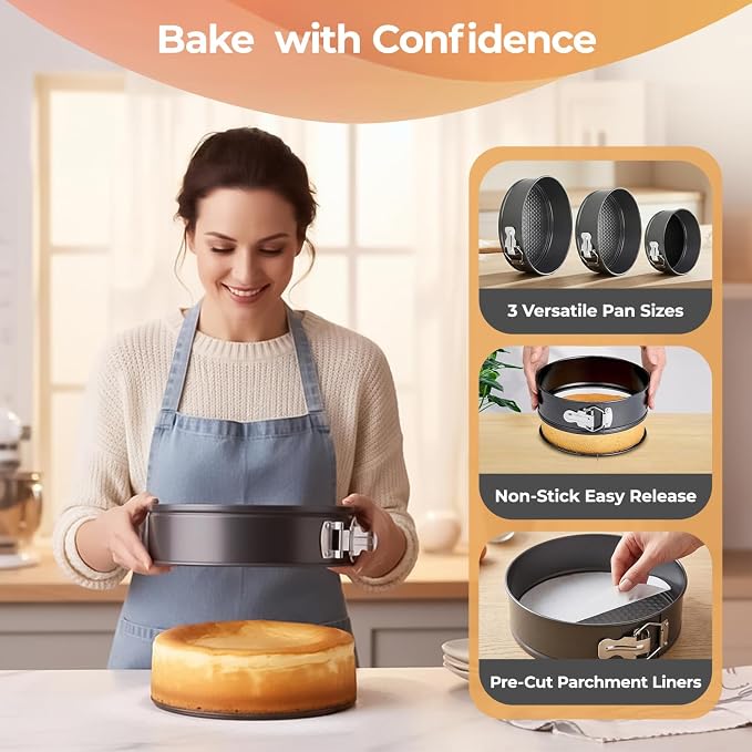 RFAQK 100pcs Cake Pan Sets for Baking + Cake Decorating Supplies: 3 Non-Stick Springform Pans Set (4, 7, 9 inches), Icing Tips, Cake Leveler – Multi-functional Leak-Proof CheeseCake Pan & eBook