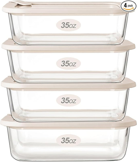Glass Food Storage Containers with Glass Lids, Microwave Safe Food Container Set, Airtight Food Container Set, LeakProof, 100% Plastic Free, White Color, 4pack