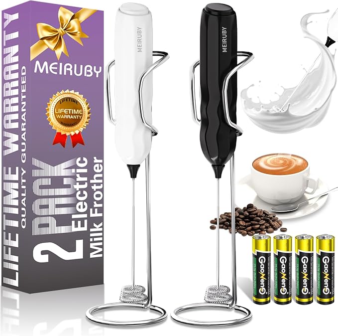 2-Pack Milk Frother Handheld with Stand, Valentines Day Gifts for Him and Her, Powerful Electric Coffee Frother, Coffee Lover Gift for Lattes, Cappuccino, Matcha & Hot Chocolate, Black/White