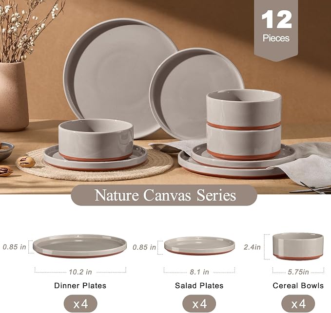 LIANYU Stoneware Dinnerware Set Service for 4, 12 PCS Plates and Bowls Sets | Handmade Ceramic Dish Set, Highly Chip and Crack Resistant Modern Plate Set, Terra Brown