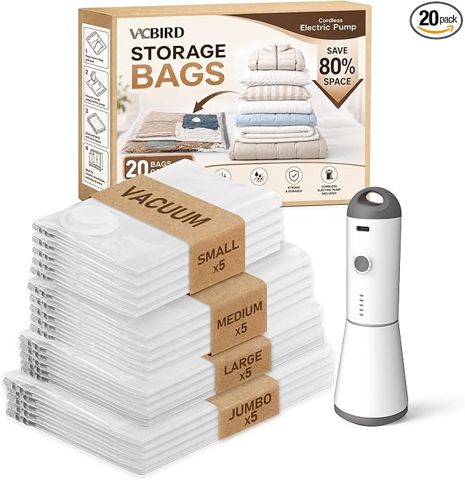 Vacbird Vacuum Seal Bags for Clothing, 20 Pack Vacuum Storage Bags with Rechargeable Cordless Air Pump(5J+5L+5M+5S), Space Saver Bags for Clothes Blanket Duvets Pillows Comforters Travel