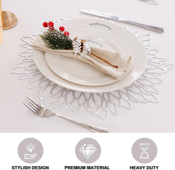 Snowkingdom 18 Pack Silver Placemats Metallic Glitter Vinyl Dinning Table Mats, Decorative Round Leaf Charger Bulk for Winter Thanksgiving Christmas Party Holiday Festive